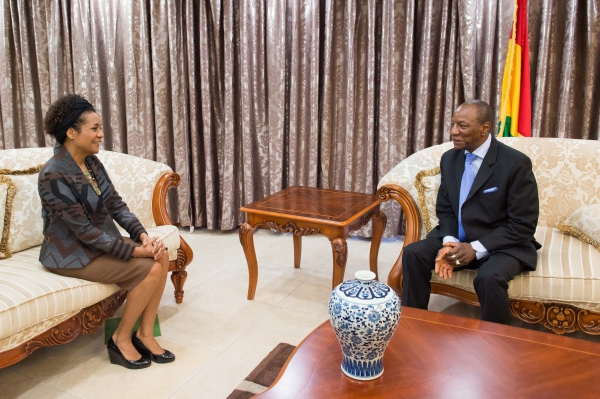 President Alpha Condé receives Francophonie secretary general Michaëlle Jean in Guinea in March 2015