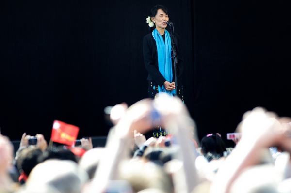 Aung San Suu Kyi in Oslo (2012) to receive the Nobel Peace Prize, awarded during the years she was under house arrest in Myanmar