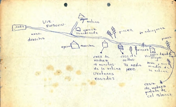 Sketch of the place where the body was found of Luis Fernando Lalinde, a disappeared student, given by his mother