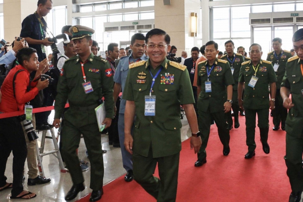 Commander-in-chief Senior General Min Aung Hlaing arrives at the opening session of the latest 21st Century Panglong conference in Nay Pyi Taw on May 24