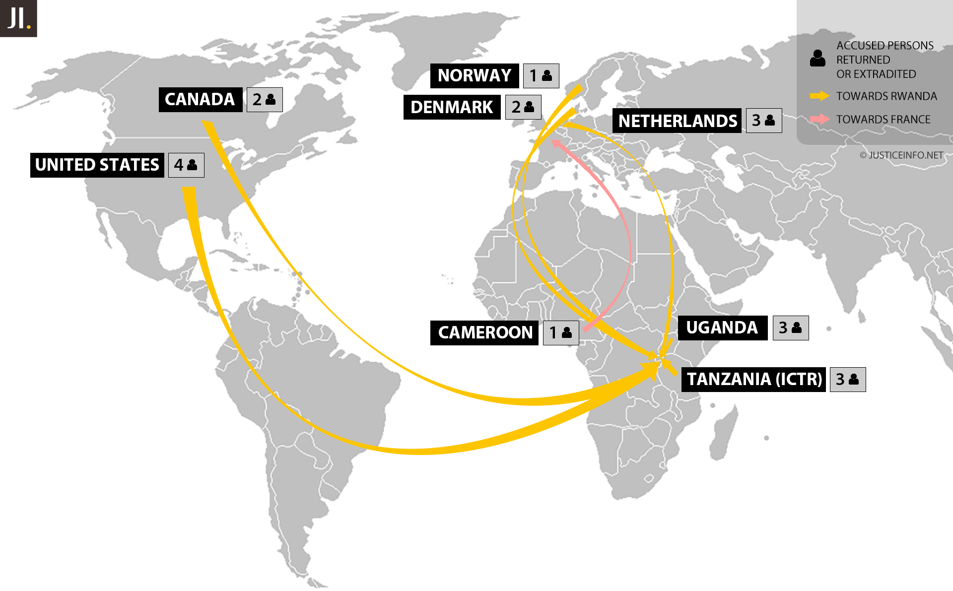 Map of returned and extradited Rwandan suspects