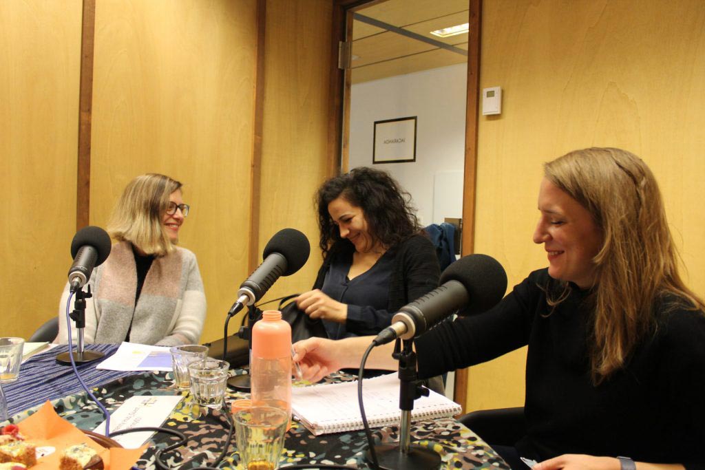 Liz Evenson, Amal Nassar and Alix Vuillemin Grendel recording a podcast for Asymmetrical Haircuts and JusticeInfo.net