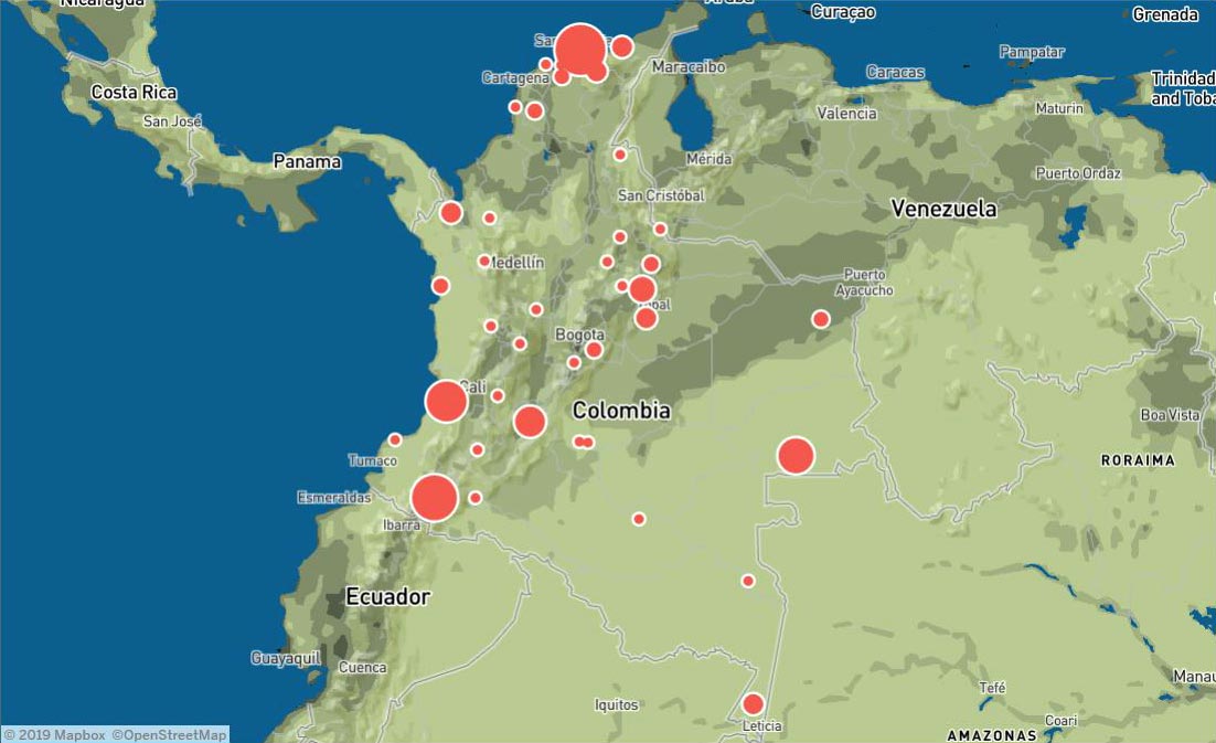 Carte représentant les menaces sur les gardes forestiers en Colombie