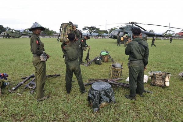 Security forces prepare for an operation in Maungdaw, northern Rakhine State, in October 2016.