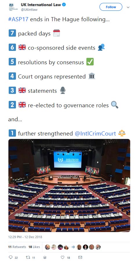 Tweet from UK International Law, on dec 12th 2018