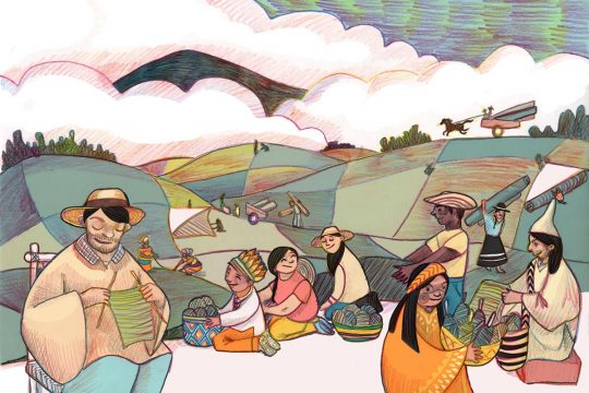 Dibujo que ilustra la reconstrucción de Colombia en el campo. Hombres y mujeres trabajan para reparar el país con rollos de tela que colocan en el suelo.