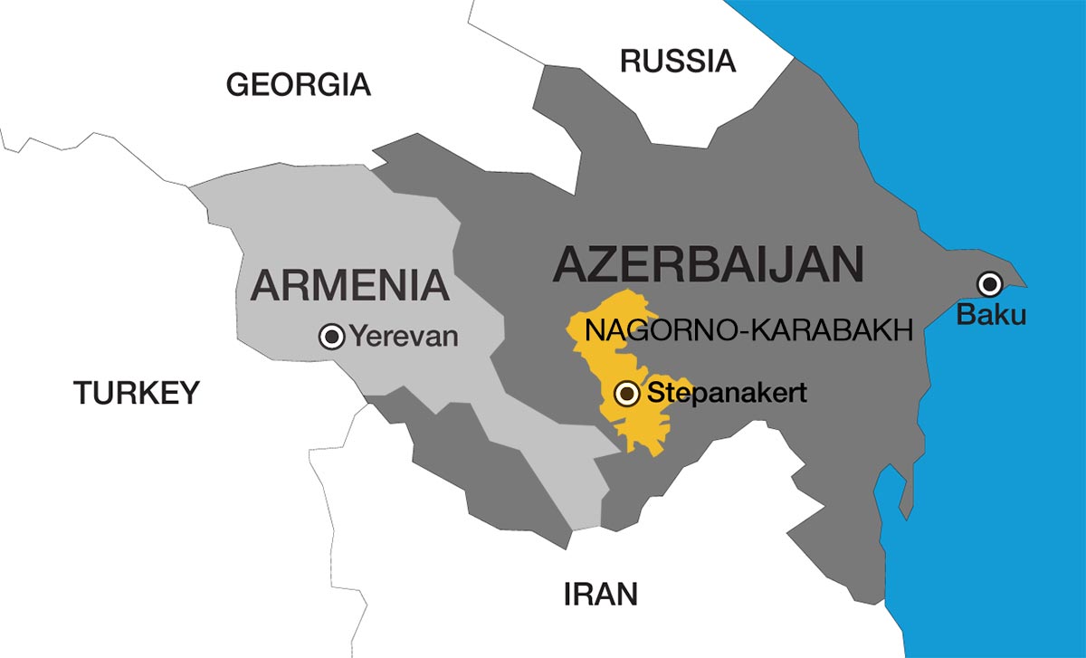 Map showing the frontiers between Armenia, Aerbaijan and Nagorno-Karabakh.