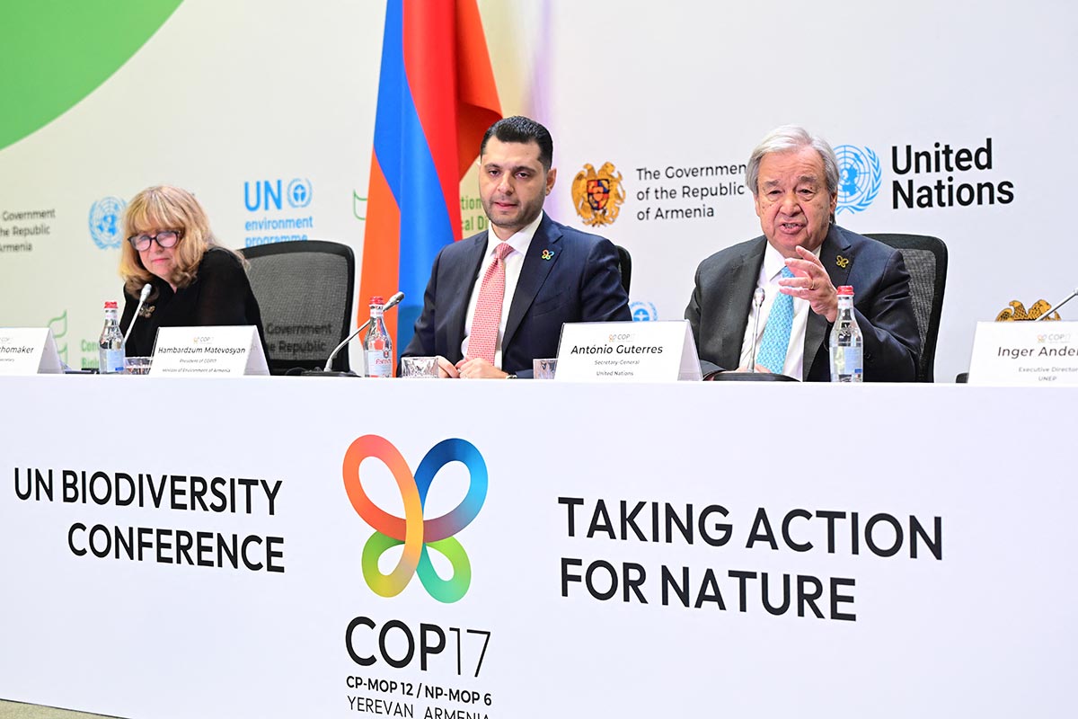 Astrid Schomaker, Hambardzum Matevosyan and Antonio Guterres at COP17 on biodiversity in Armenia.