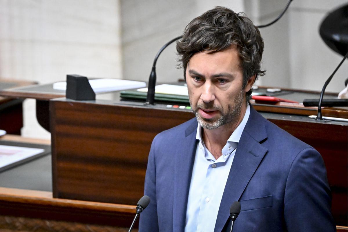 Wouter De Vriendt, chairman of the parliamentary commission on Belgium's colonial past, speaks at a microphone.