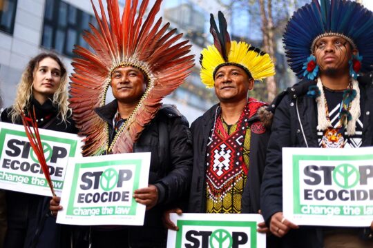 Environmental protest in Belgium for the recognition of ecocide as an international crime. Photo : Brazilian indigenous and other militants hold signs readind 