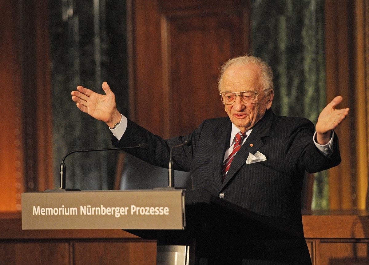 Benjamin Ferencz speaks at the opening of an information and documentation centre in Nuremberg, in 2010. 