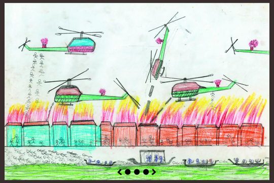 War scene in a children's drawing (helicopters, paratroopers, boats, fire...)