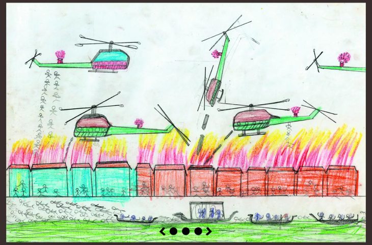 Scène de guerre dans un dessin d'enfants (hélicoptères, parachustistes, bateaux, feu...)