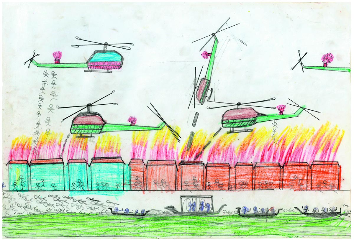 Scène de guerre dans un dessin d'enfants (hélicoptères, parachustistes, bateaux, feu...)