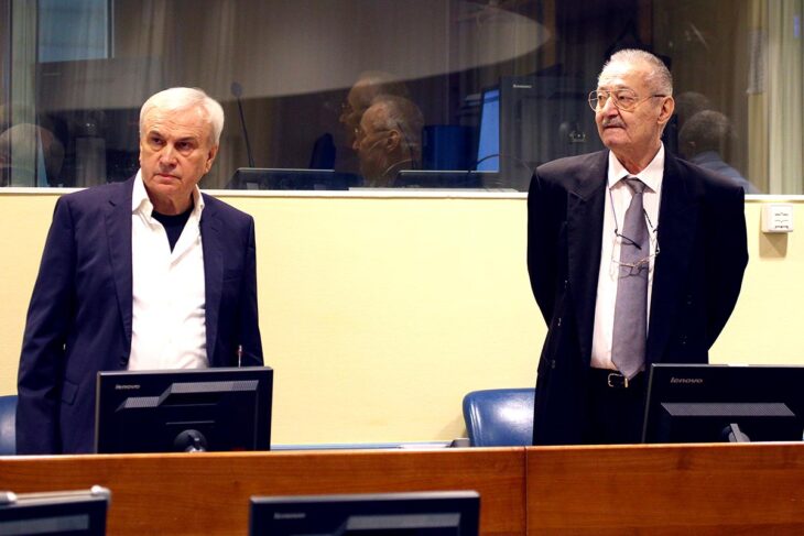 Procès Stanisic et Simatovic - Les 2 criminels de guerre Serbes Jovica Stanisic et Franko Simatovic lors de leur procès en appel à La Haye (MTPI).