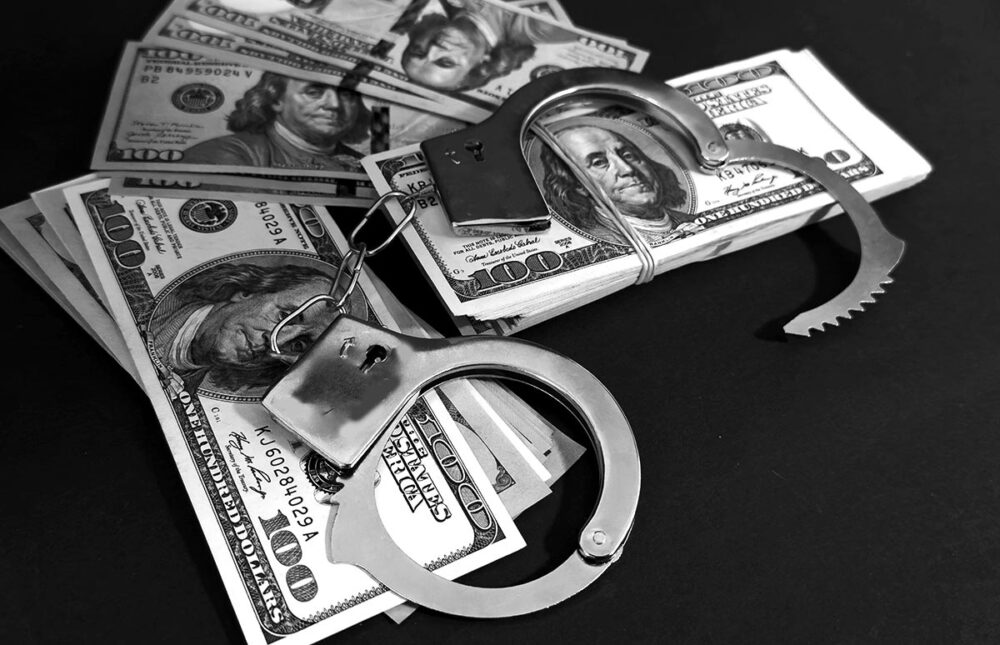 Selon l’expert Gerald Pachoud, les dirigeants des entreprises « se disent qu’ils font du business, et donc qu’ils ne peuvent pas être complices de crimes internationaux. » Photo : Shutterstock Business et crimes internationaux. L'affaire Lafarge ( cette entreprise dans le domaine du ciment est en procès en France pour des crimes commis en Syrie) pourrait-elle inquiéter durablement d'autres multinationales suspectées d'être impliquées dans des crimes de guerre ou des crimes contre l'humanité ? Photo : une paire de menottes est posée sur des liasses de billets de banque (dollars américains).