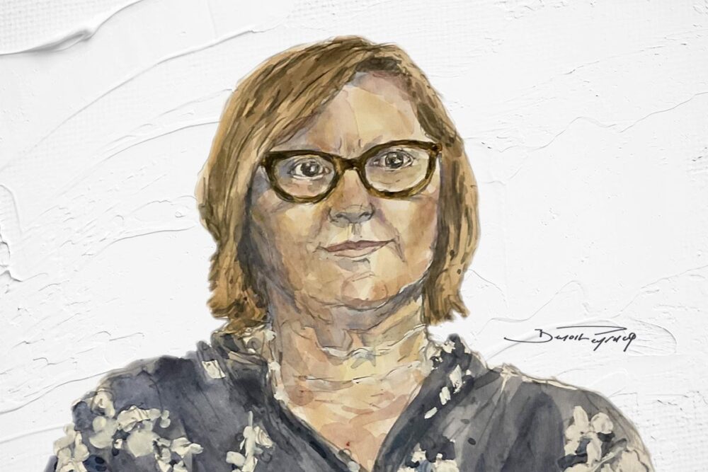 Grand entretien avec Catherine Marchi-Uhel, directrice du Mécanisme international, impartial et indépendant (IIIM) pour la Syrie. Image : portrait dessiné de Marchi-Uhel.