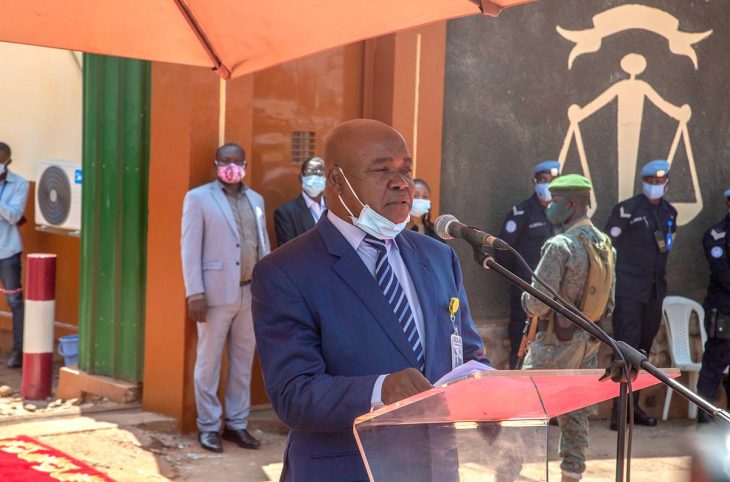 Michel Landry Luanga, President of the Special Criminal Court (SCC) in the Central African Republic, delivers a speech during the inauguration of its premises in Bangui in 2020.