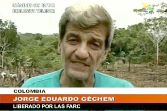 Jorge Eduardo Gechem, who was kidnapped by the FARC, was released six years later. Image (video still): footage from a Venezuelan TV channel showing Gechem upon his release in the Colombian jungle.