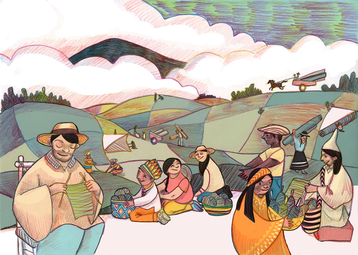 Dibujo que muestra la reconstrucción de Colombia en los campos