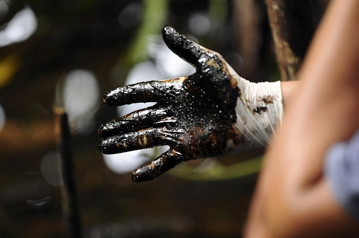 Someone shows a gloved hand covered with oil.