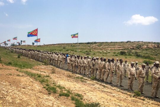 Eritrea has been under the rule of a dictatorship for decades, with compulsory military service of indefinite duration. Photo: Eritrean soldiers lined up on the border with Ethiopia.