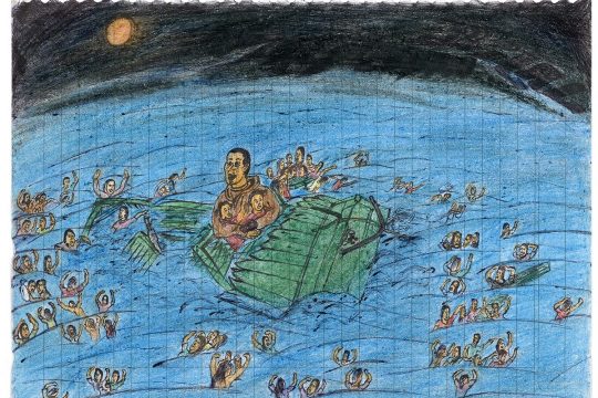 Dessin d'enfant illustrant un groupe de migrants naufragés