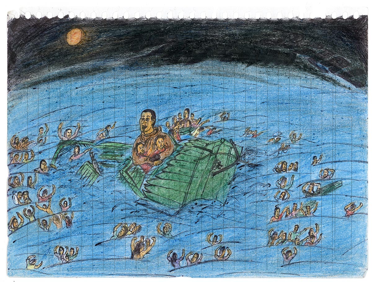 Dessin d'enfant illustrant un groupe de migrants naufragés