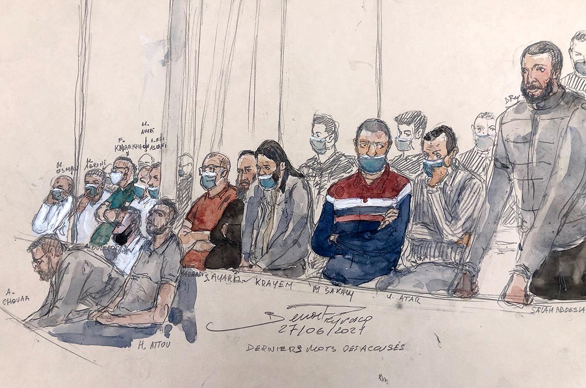 Drawing illustrating the 13 defendants in the trial of the November 13, 2015 attacks in Paris including Salah Abdeslam.