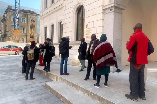 Gambia - Trial of Ousman Sonko in Switzerland. Photo: in front of the Swiss Federal Court in Bellinzona.