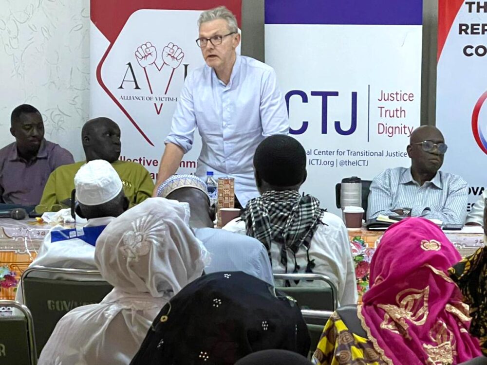 Martin Hackett, the newly appointed prosecutor of a special court to be established in Gambia, during his outreach tour of the country in early May. The British national had to respond to the frustration of the victims who, more than four years after the Truth Commission completed its work, are still awaiting the trials and reparations it recommended. Photo: © Mustapha K. Darboe A Martin Hackett, the newly appointed prosecutor of a special court to be established in Gambia, during his outreach tour of the country.