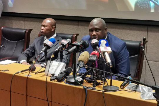 Gambian Justice Minister Dawda Jallow speaks during a press conference on the Trutch Commission's report