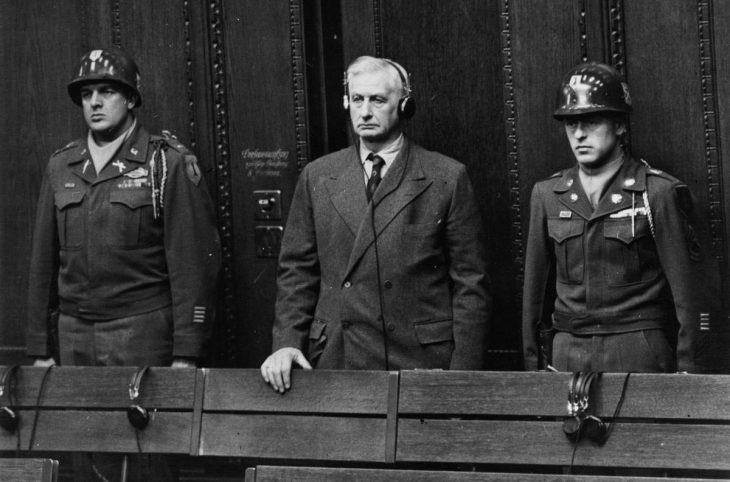 Frederick Flick (owner of the Flick company) stands during his sentencing at the Nuremberg trial in Germany.