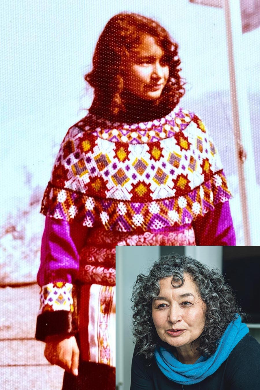 Naja Lyberth quand elle avait 14 ans, en habits traditionnels groenlandais, et Naja aujourd'hui.