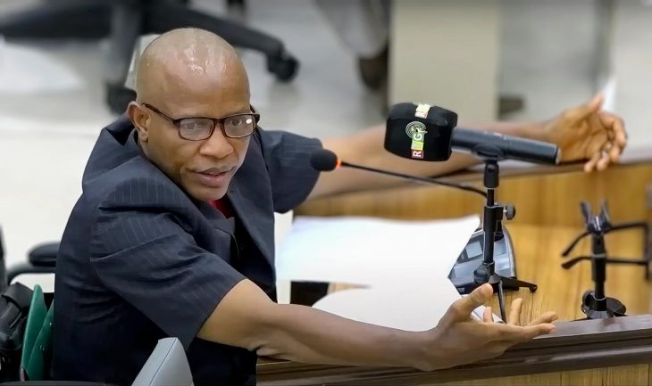 Oury Baïlo Bah, the brother of a victim of the September 28 massacre, testifies at the trial in Guinea.