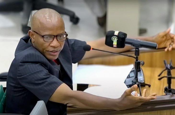 Oury Baïlo Bah, the brother of a victim of the September 28 massacre, testifies at the trial in Guinea.