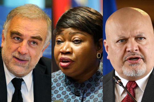 International Criminal Court (ICC): a photo montage combining portraits of the ICC’s three successive prosecutors: Luis Moreno Ocampo, Fatou Bensouda and Karim Khan.