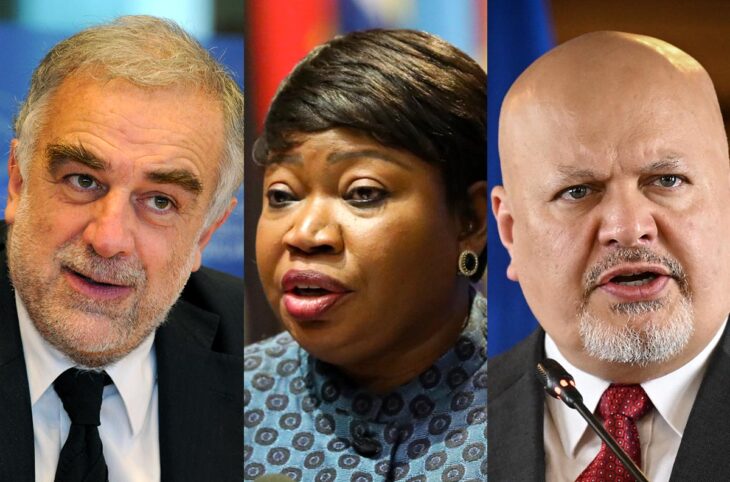 International Criminal Court (ICC): a photo montage combining portraits of the ICC’s three successive prosecutors: Luis Moreno Ocampo, Fatou Bensouda and Karim Khan.
