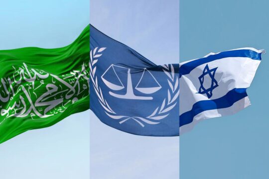 ICC arrest warrants against Israel and Hamas. Photo montage of 3 flags: Hamas, the International Criminal Court (ICC) and Israel.