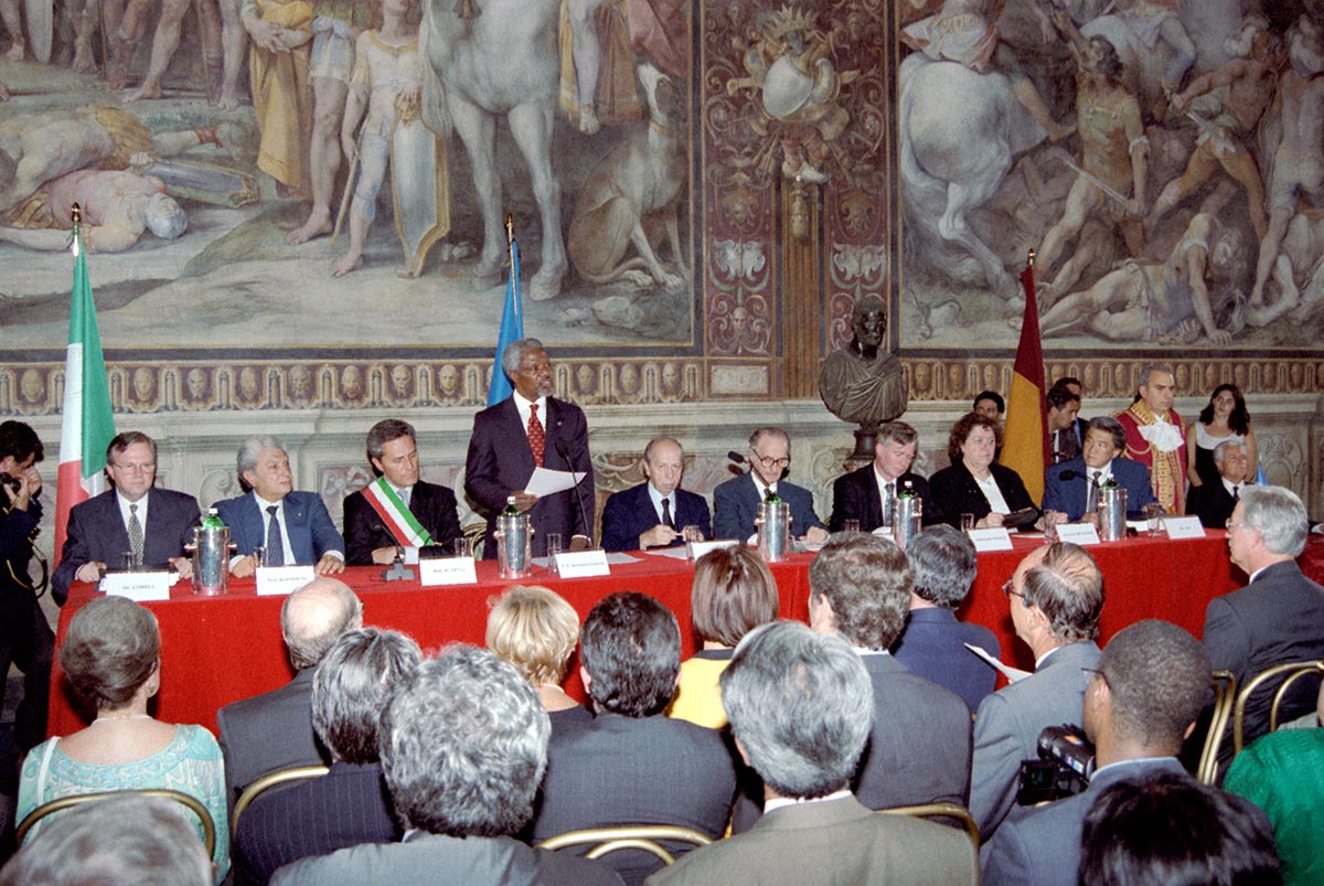 Kofi Annan (UN) speaks at the creation of the Rome Statute of the International Criminal Court in 1998
