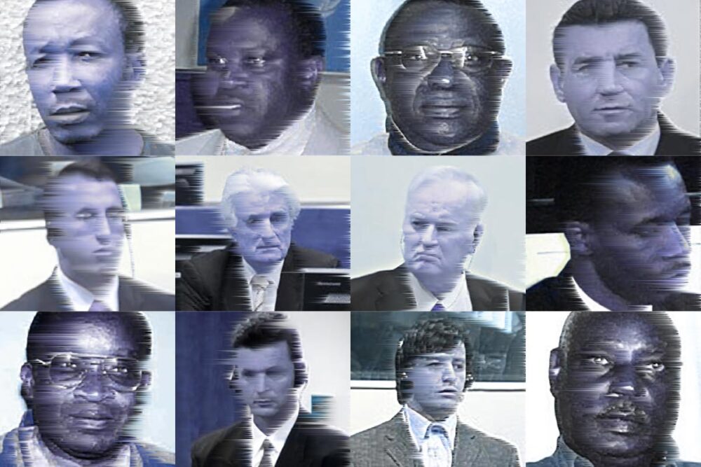 Damien Scalia a écrit un livre regroupant des dizaines d'entretiens avec des criminels internationaux (essentiellement des criminels de guerre) dont la plupart ont été jugés par par la justice internationale. dont le Tribunal pénal international pour le Rwanda (TPIR) et le Tribunal pénal international pour l'ex-Yougoslavie (TPIY). Photo : 12 portraits (photos) de criminels en mosaïque.