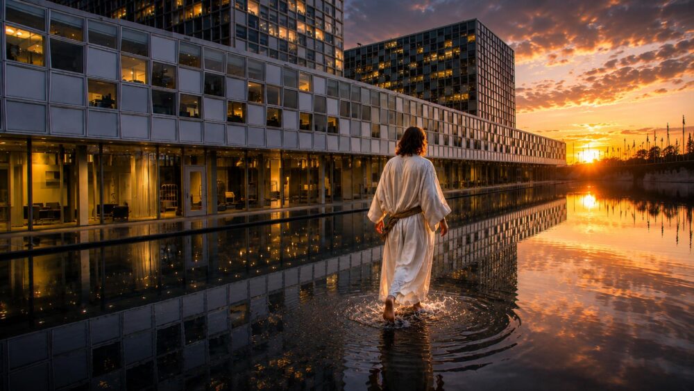 By claiming that the International Criminal Court is “one of the most significant achievements of human civilisation”, its Presidency somehow casts Court staff as messianic disciples of justice, argues Lucy Gaynor. Illustration generated by artificial intelligence. International Criminal Court (ICC): Justice as message, or justice as Messiah? Image (AI generated): a figure dressed in a white gown (looking like Jesus / Messiah) walks across the water in the pond in front of the ICC offices in The Hague at dusk.