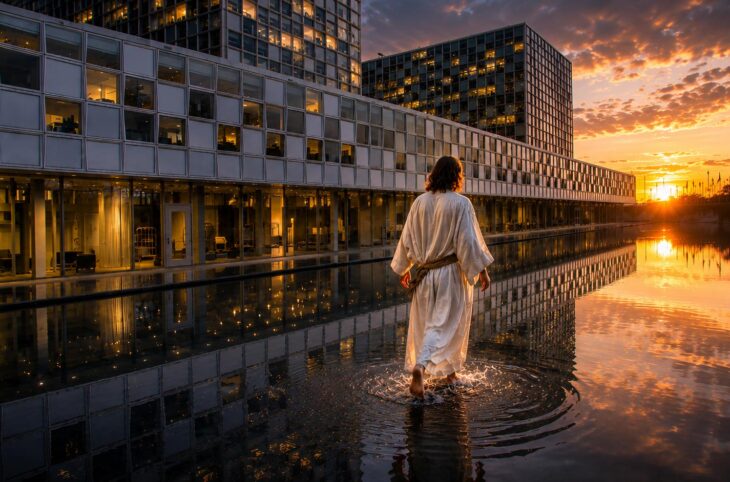 Cour pénale internationale (CPI) : la justice comme message, ou comme Messie ? Image (générée par IA) : un personnage vêtu d'une robe blanche (qui ressemble à Jésus / le Messie) marche sur l'eau du bassin situé devant les bureaux de la CPI à La Haye, au crépuscule.