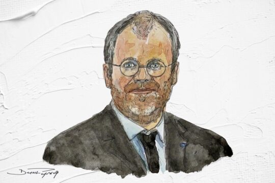 An in-depth interview with Julian Fernandez on the sanctions imposed by the United States against the International Criminal Court (ICC). Illustration: a portrait of Fernandez (watercolour) by Benoît Peyrucq, for Justice Info.