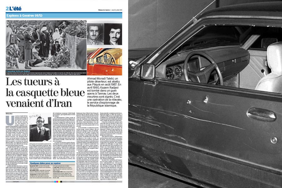 "Les tueurs à la casquette bleue venaient d'Iran" (headline of a newspaper) + picture of car with bullet impacts.