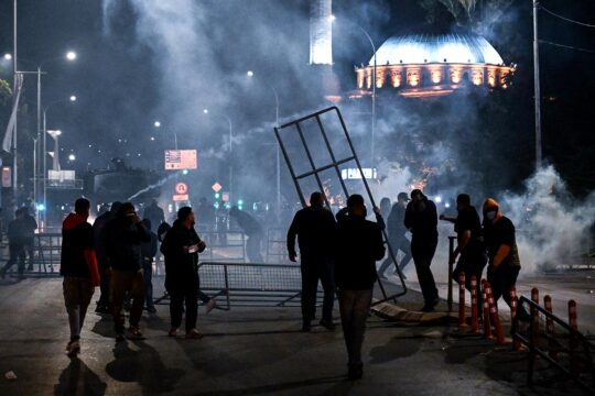 Protesters in front of the Kosovo Assembly building, in Pristina
