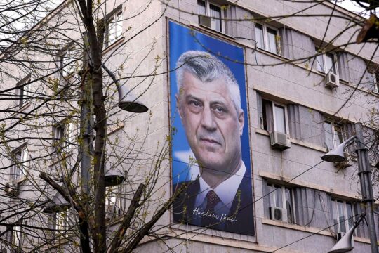 Hashim Thaçi's trial in The Hague - Kosovo's ex-president displayed on a giant poster in Pristina