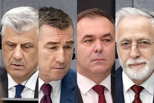 Hashim Thaçi, Kadri Veseli, Rexhep Selimi and Jakup Krasniqi are on trial before the Kosovo Specialised Chambers (KSC) for crimes committed during the Kosovo War of Independence. Image: montage of four vertical photos (portraits of the defendants before the KSC).
