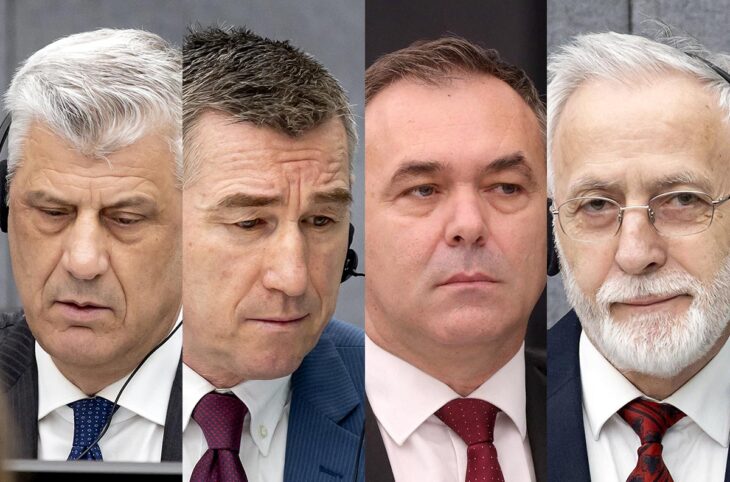 Hashim Thaçi, Kadri Veseli, Rexhep Selimi et Jakup Krasniqi sont jugés devant les Chambres spécialisées du Kosovo (KSC) pour des crimes commis lors de la guerre d'indépendance du Kosovo. Image : montage de 4 photos au format vertical (portraits des accusés devant les KSC).