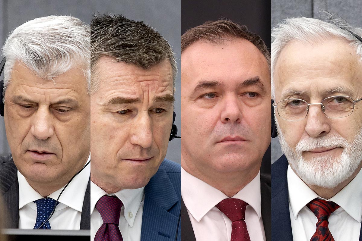 Hashim Thaçi, Kadri Veseli, Rexhep Selimi et Jakup Krasniqi condamnés par les Chambres spécialisées du Kosovo (KSC) pour des crimes de guerre commis lors de la guerre d'indépendance du Kosovo. Image : montage de 4 photos au format vertical (portraits des accusés devant les KSC).